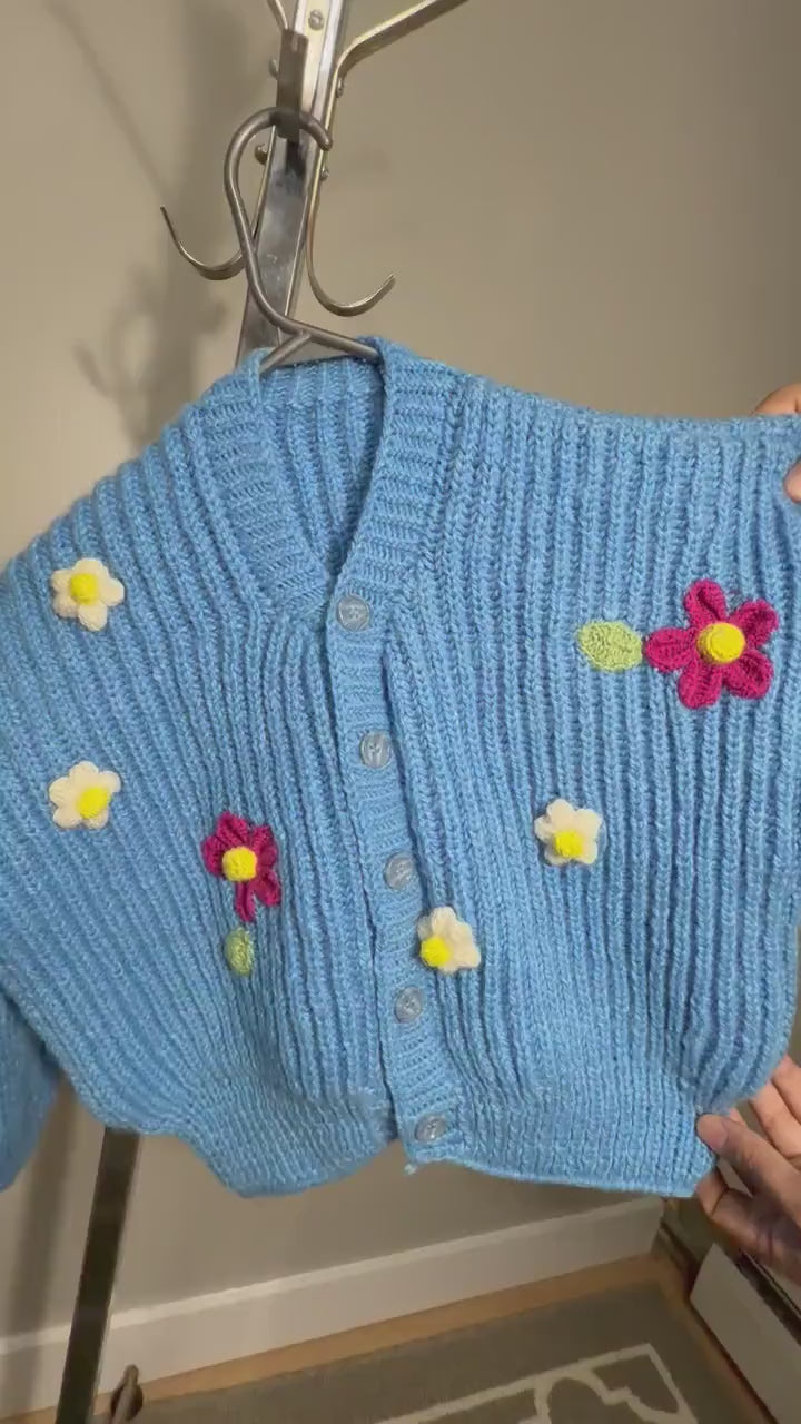 Handmade Blue Knit Cardigan With Crochet Flower Appliques Cropped V Neck