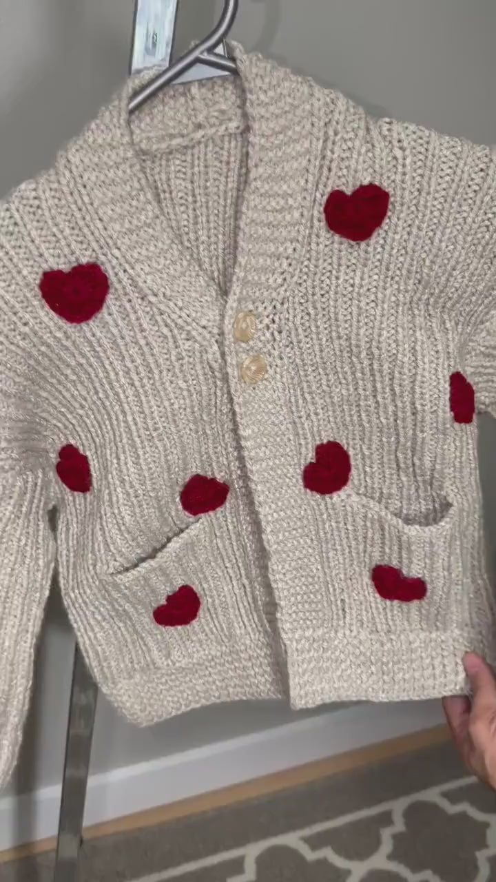 Handmade Beige Chunky Knit Cardigan Red Crochet Hearts V Neck 2 Free Gifts