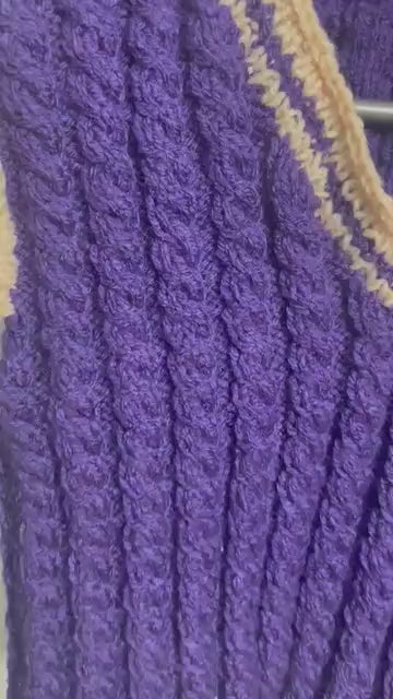 Stitch-By-Stitch Handmade Purple Cable Knit Sweater Vest With Peach Trim V-Neck