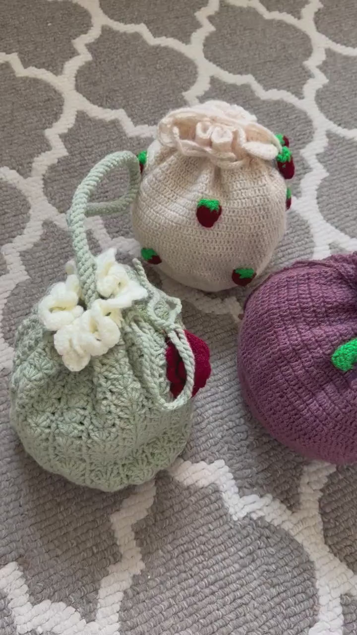 Handmade Crochet Drawstring Bag Floral Mini Bucket Purse With Free Gifts