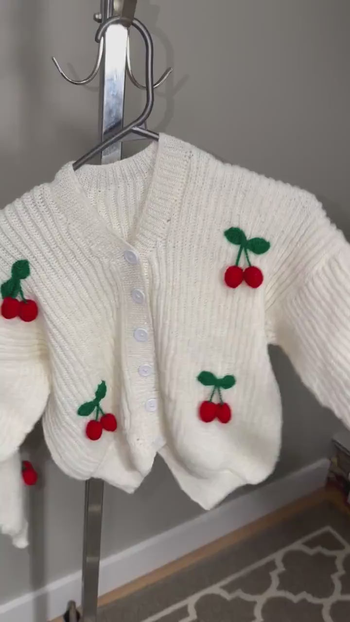 Handmade Ivory Knit Cardigan With 3D Crochet Cherries V Neck Button Up Sweater