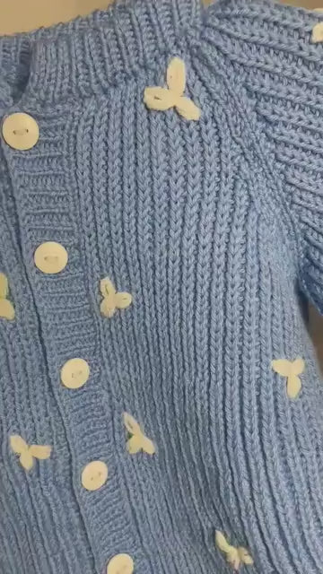 Handmade Dusty Blue Knit Cardigan With Cream Leaf Embroidery And Balloon Sleeves