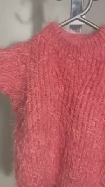 Handmade Coral Fuzzy Knit Sweater Vest With Ruffle Shoulders Sleeveless Pullover