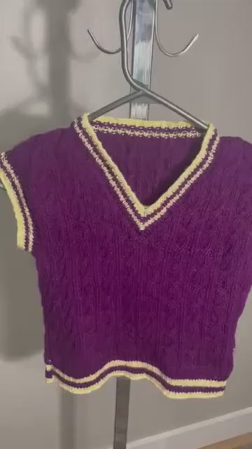 Handmade Purple Cable Knit Sweater Vest With Yellow Trim V Neck Petite XS